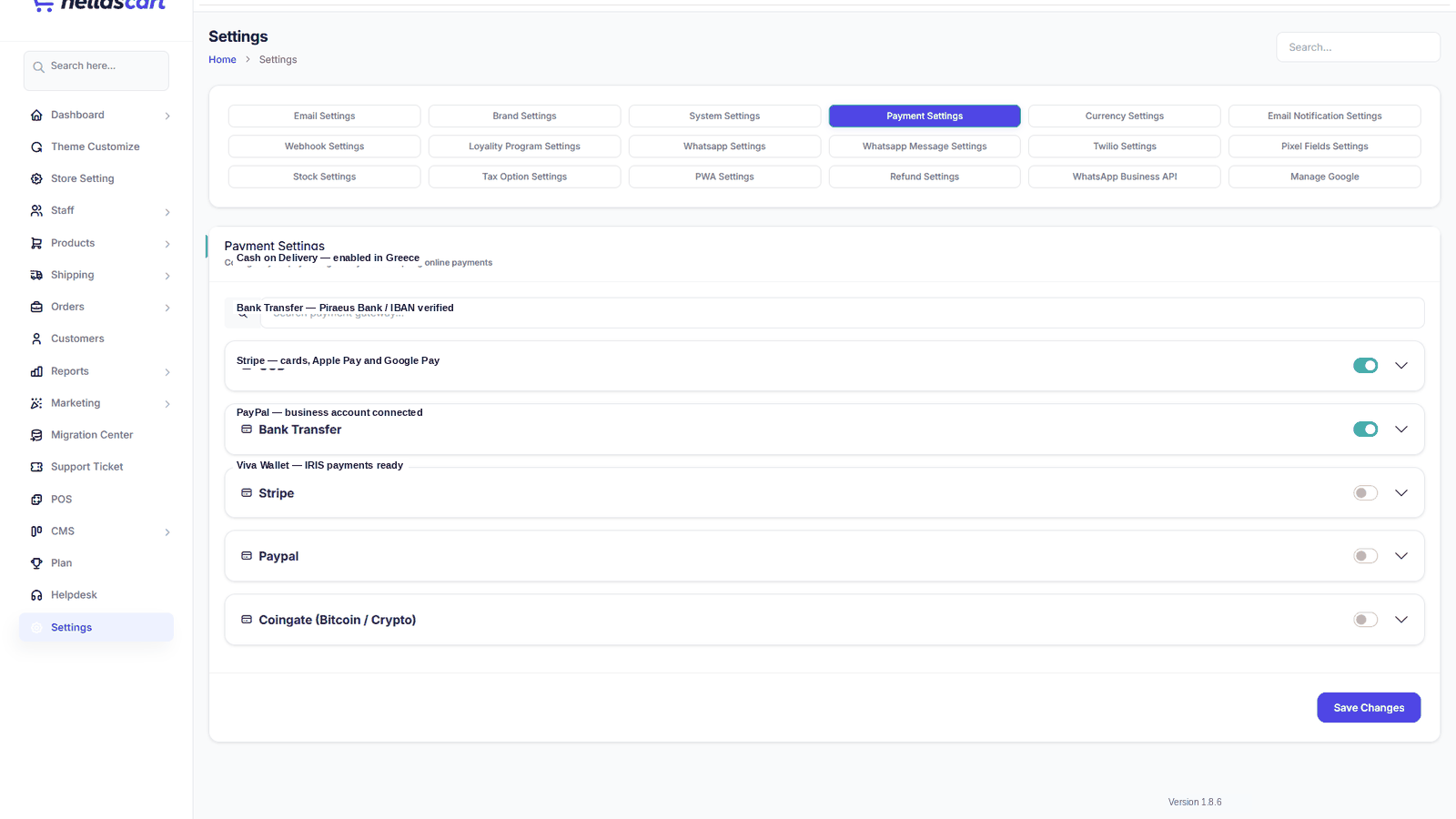 Settings → Payment Settings tab