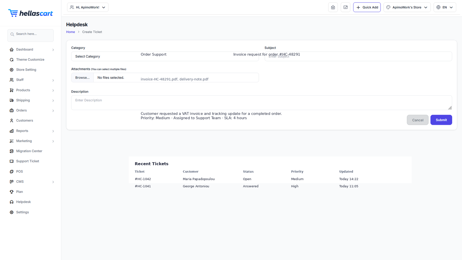 Support Ticket → Create